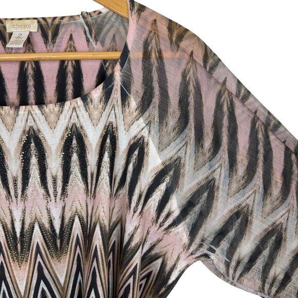 Chicos Mixed Print Top Sz 2 (12 14 Large) Sheer Sleeves Embellished 3/4 Sleeve - Picture 6 of 12
